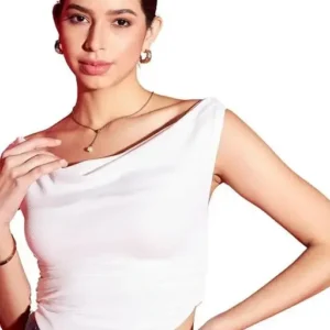 Istyle Can Womens's Printed Stretchable Draped Crop Top White