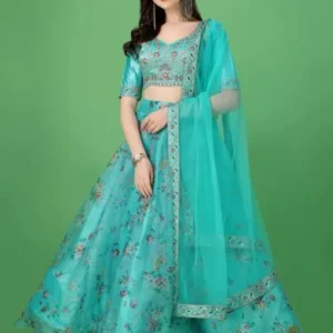 Embroidered Semi Stitched Lehenga Choli (Light Blue)