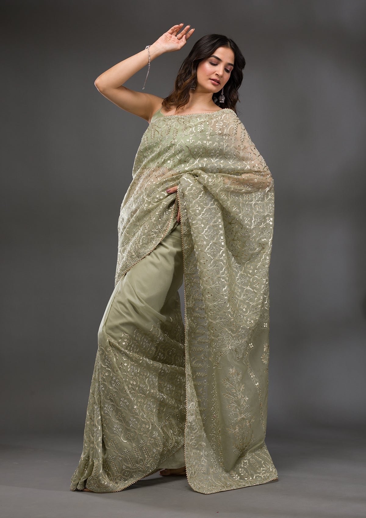 Pista Green Stonework Crepe Designer Saree